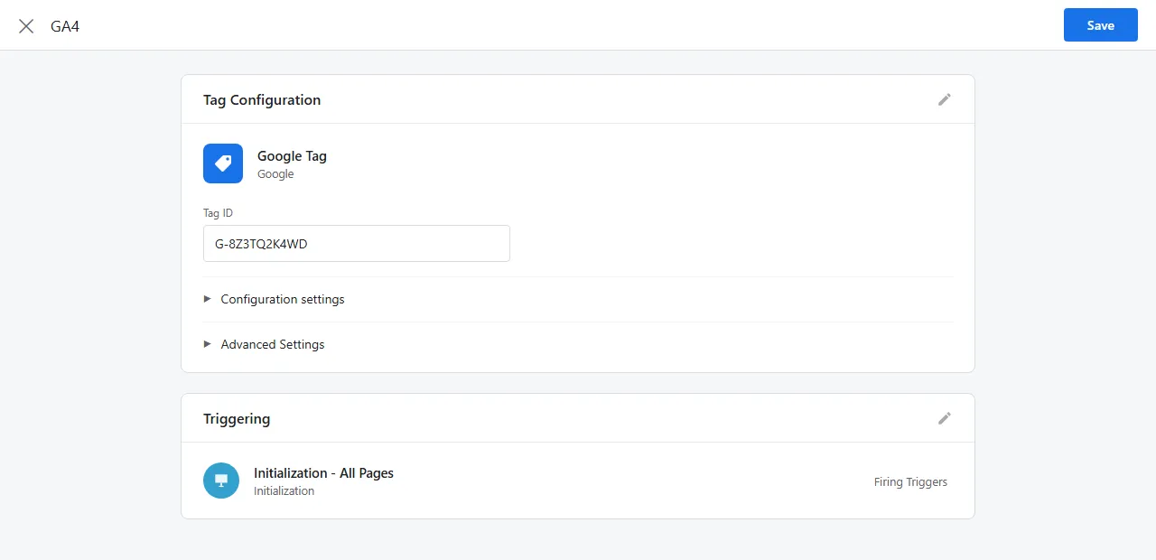 Google Tag in Google Tag Manager configured with a GA4 measurement ID and the Initialization - All Pages trigger for Shopify | Google Tag setup in GTM for Shopify GA4