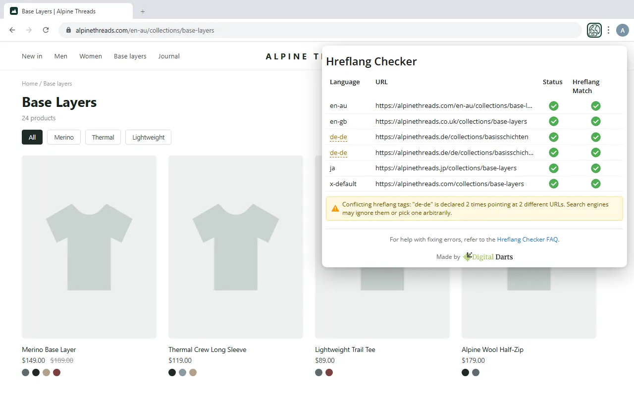 Hreflang Checker Chrome extension detecting conflicting duplicate de-de hreflang tags that point at two different URLs