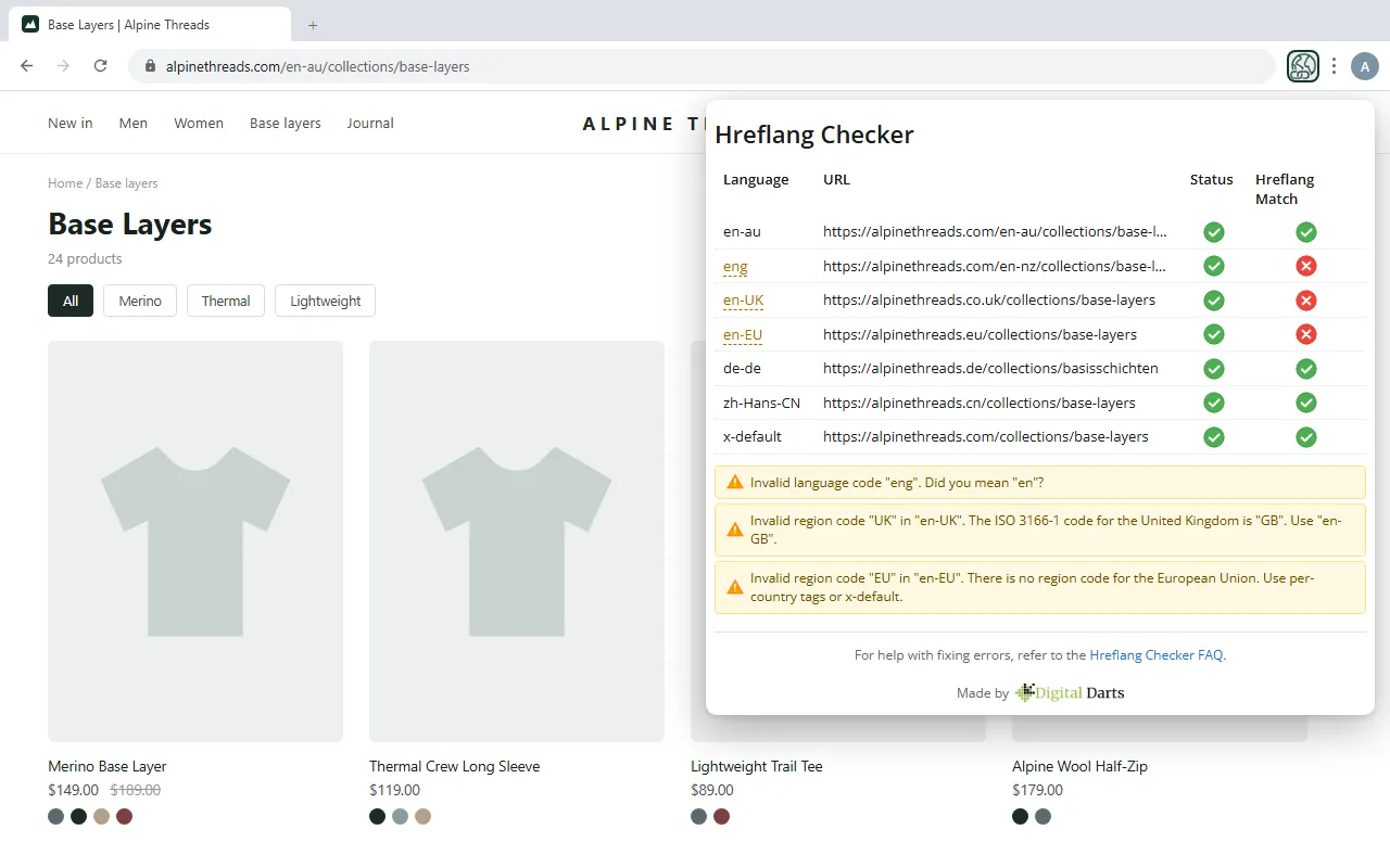 Hreflang Checker Chrome extension flagging invalid hreflang language codes eng, en-UK, and en-EU with suggested corrections
