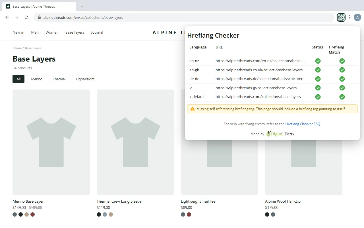 Hreflang Checker Chrome extension warning of a missing self-referencing hreflang tag on a Shopify collection page