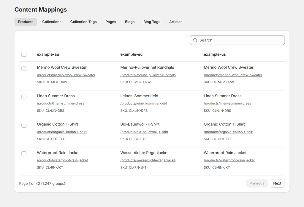 Content mappings table in the Hreflang Tags: Digital Darts app showing products matched across three Shopify stores by shared SKU, like a spreadsheet