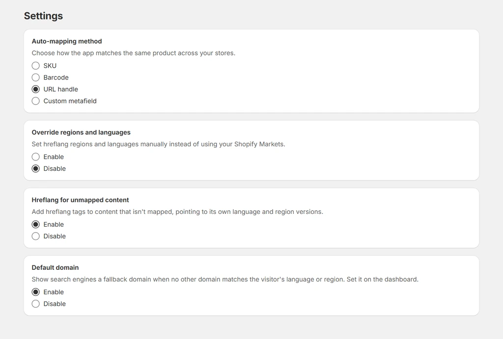 Settings page in the Hreflang Tags: Digital Darts app with auto-mapping method options to match products across Shopify stores by SKU, barcode, URL handle, or custom metafield