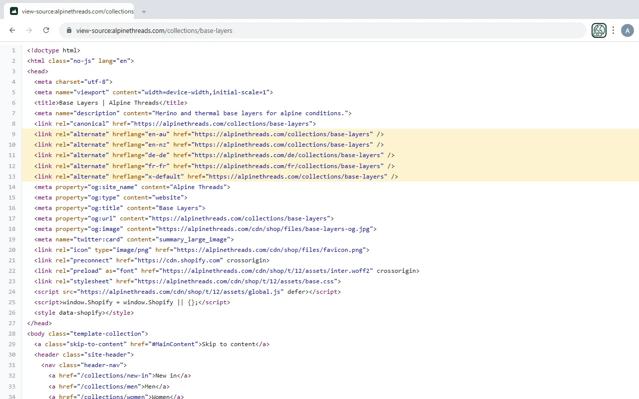View-source of a Shopify store showing the hreflang link tags written by the Hreflang Tags: Digital Darts app for a single account with multiple markets