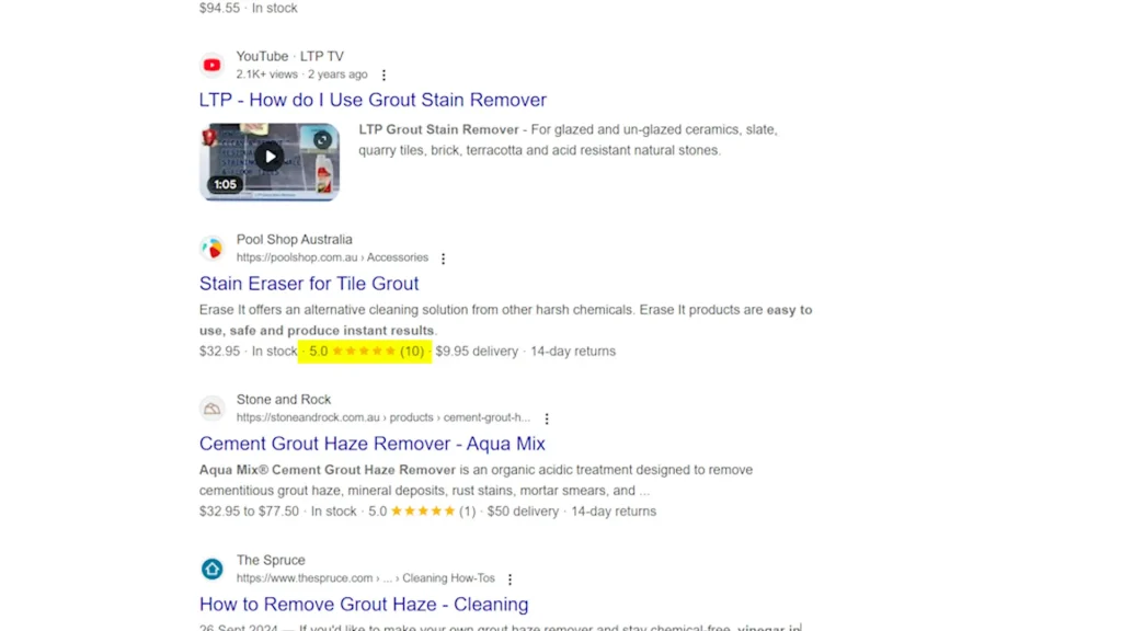 Rich snippet with star ratings visible in results