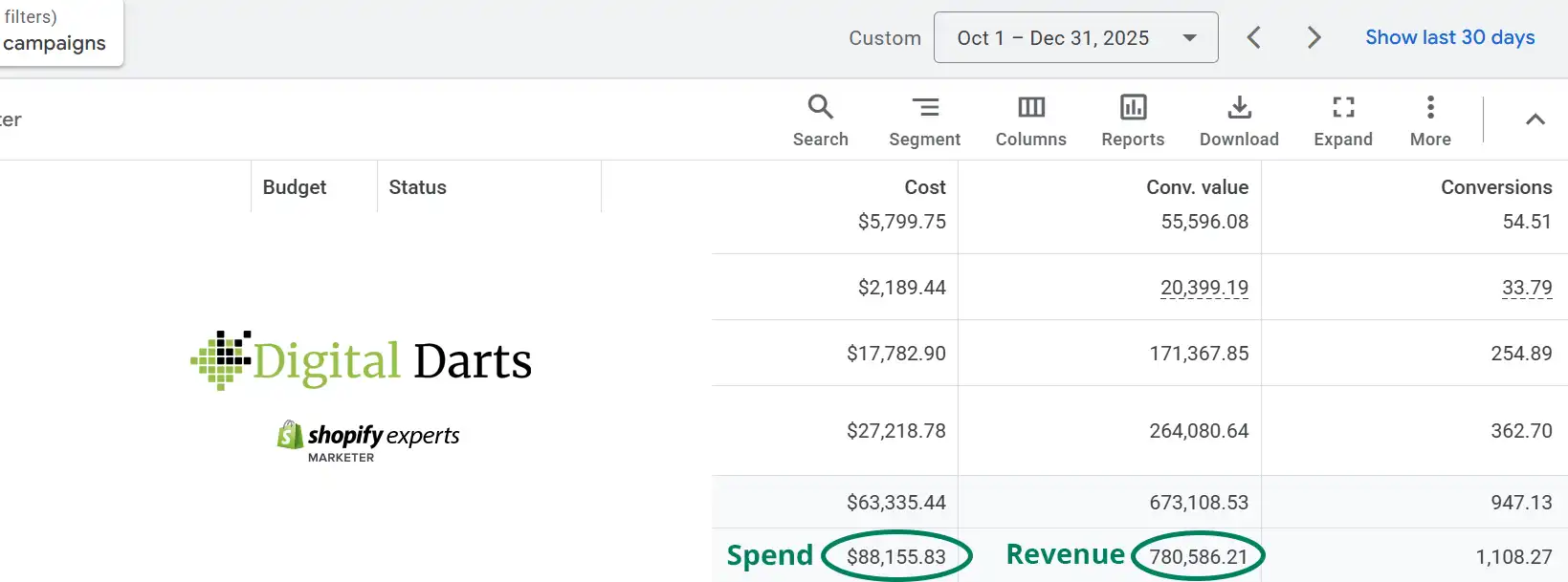 Google Ads $88.1k spend for $780.5k in sales 2025