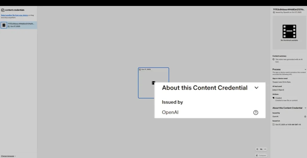 AI video provenance metadata showing content issued by OpenAI