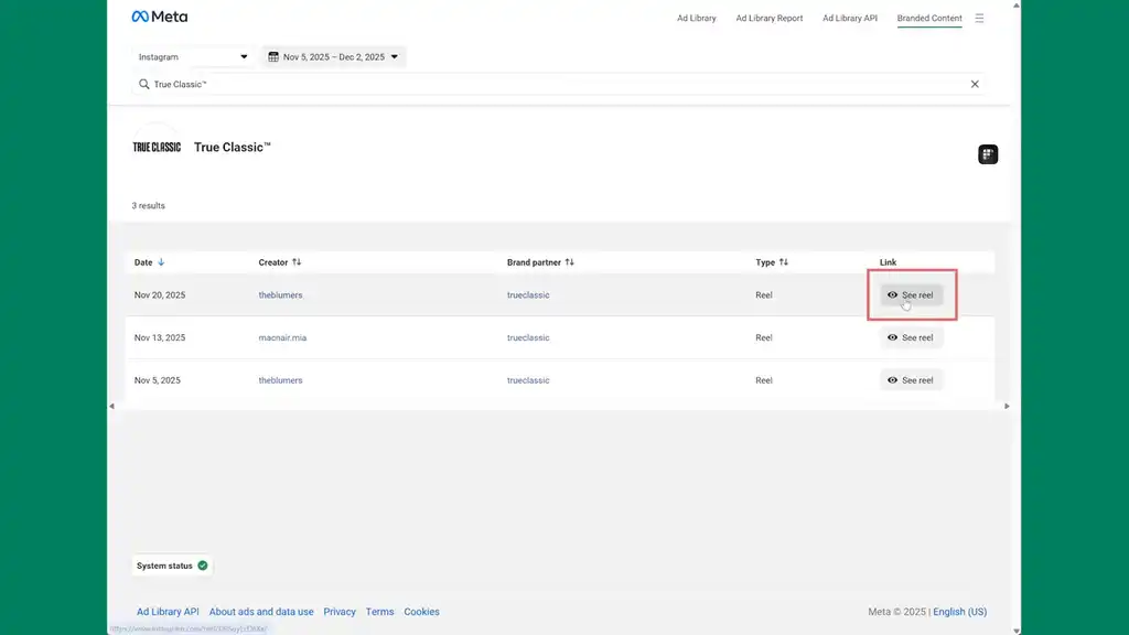 Example Meta Partnership Ad by True Classic