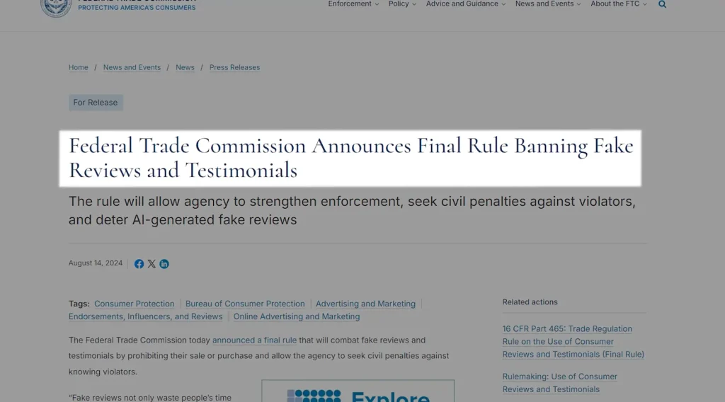 FTC announcement banning fake reviews and testimonials, including AI-generated content