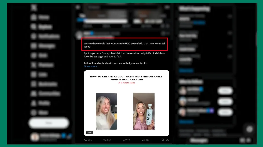 Social media post claiming AI-generated UGC is indistinguishable from real creators