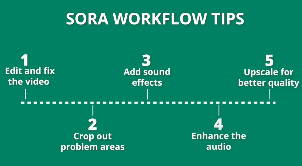 Sora video ad workflow showing editing, cropping, sound effects, audio enhancement, and upscaling