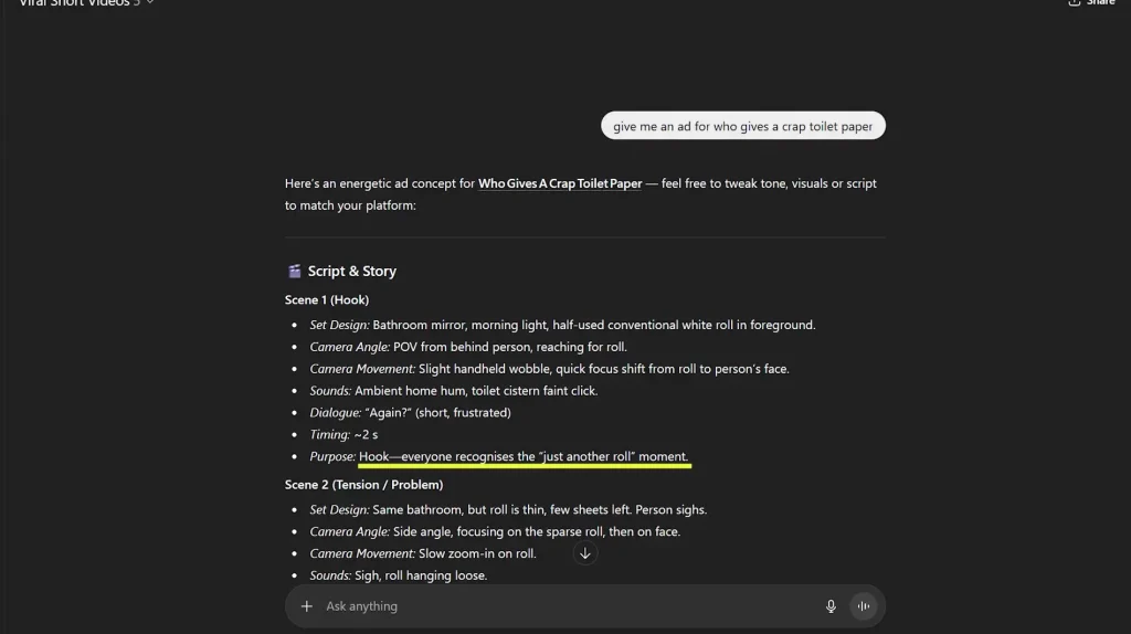 AI-generated video ad script showing hook and tension sections before prompting Sora