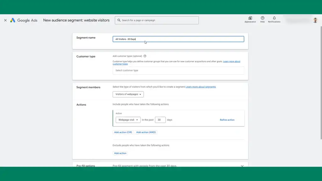 Add 30 day visitor audience segment