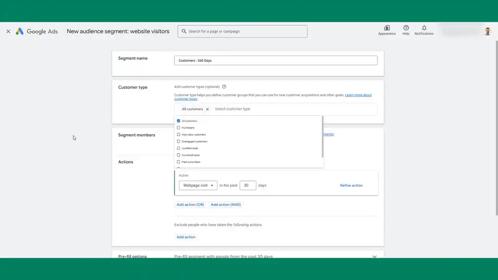 Add 540 day customer audience segment