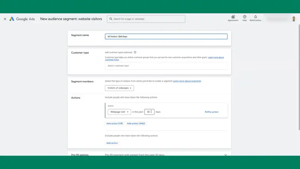 Add 540 day visitor audience segment
