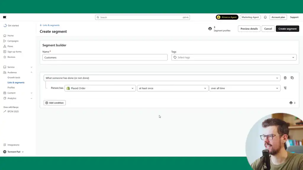 Create customer segment in Klaviyo