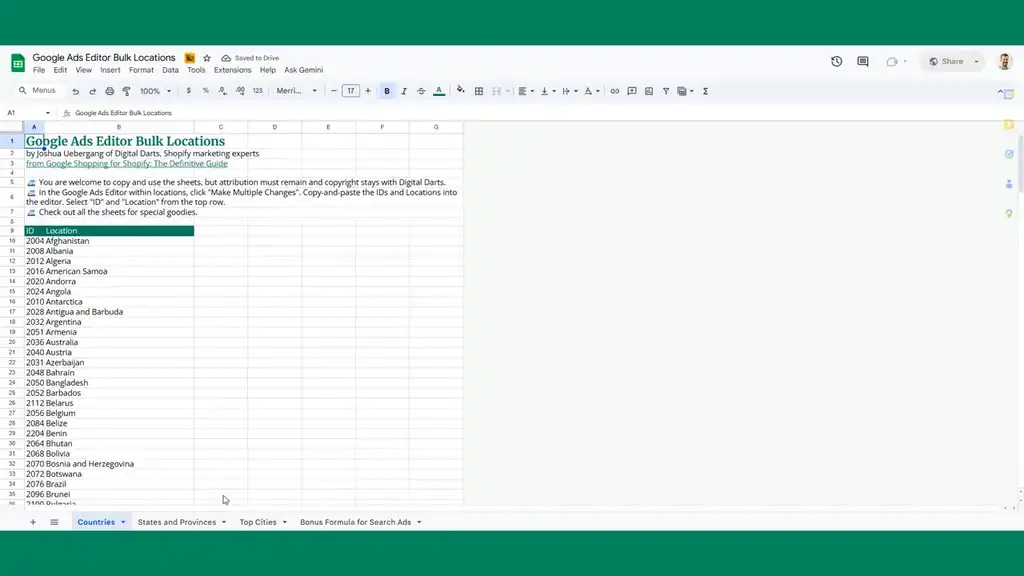 Google Ads Bulk editor for locations spreadsheet