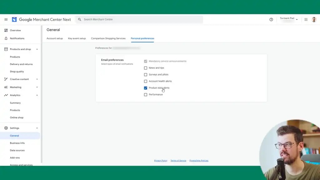 Personal preferences - enable product alerts