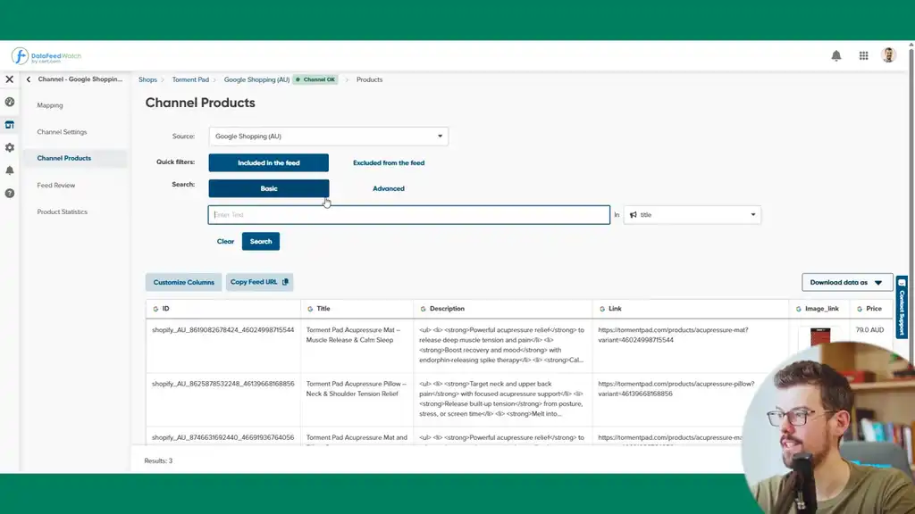 Review feed via channel products