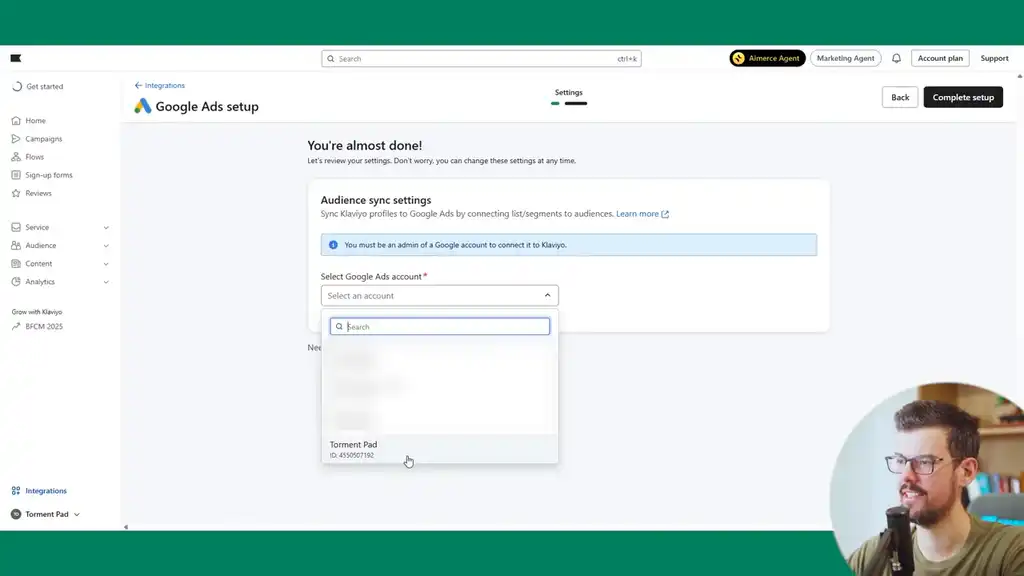 Select Google Ad account for Klaviyo integration