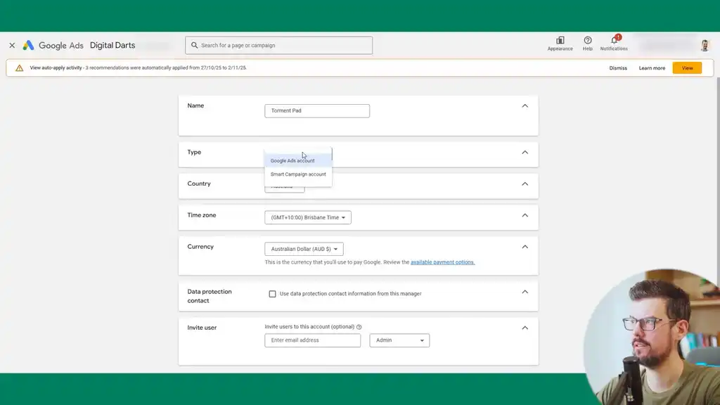 Select new Google Ad Account