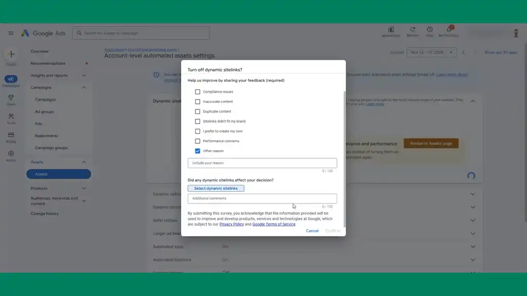 Select reason for turning off