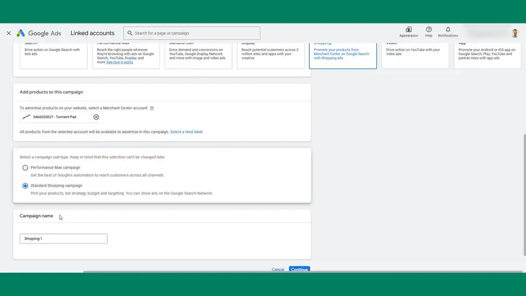 select standard shopping campaign