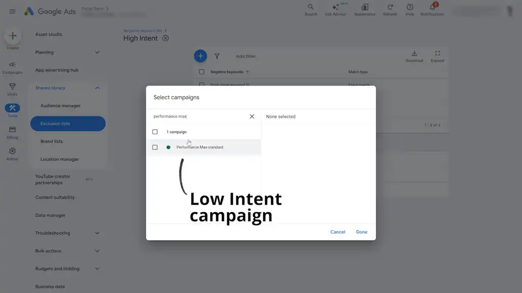Apply negative keyword list to low intent list
