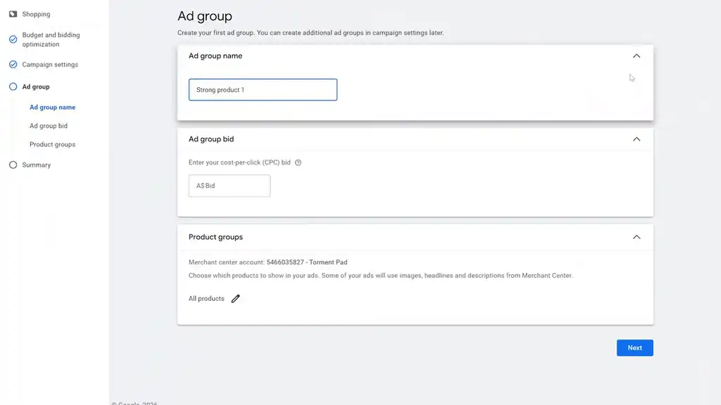 Create Ad group for strongest product