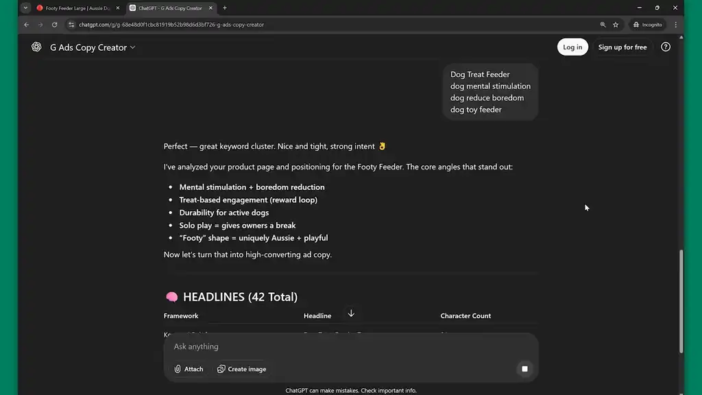 Example of GPT creating ad copy