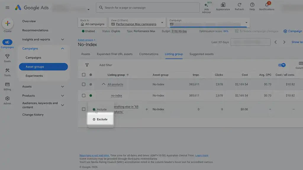 Exclude products at listing group level