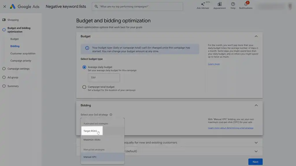 Set bidding strategy to target ROAS