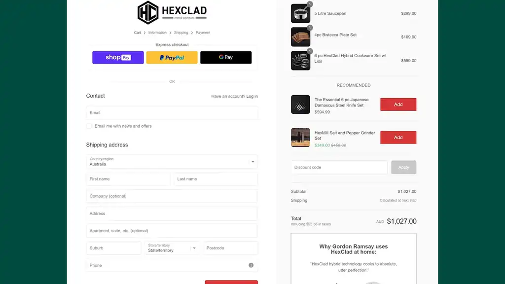 Shopify checkout example from HexClad