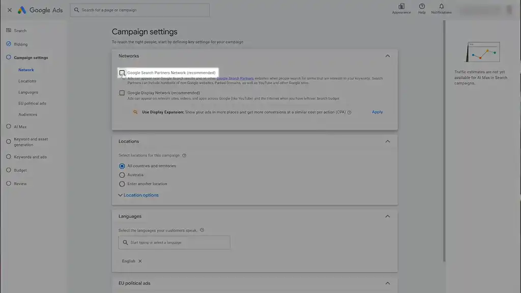 uncheck Google search partners
