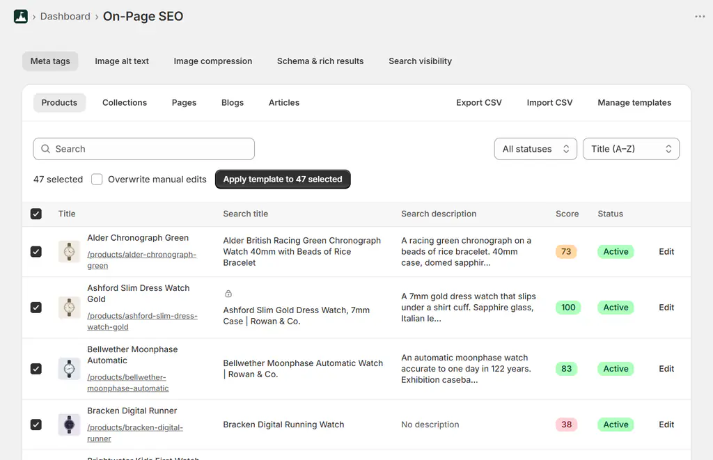 Applying a meta tag template to 47 selected Shopify products in bulk
