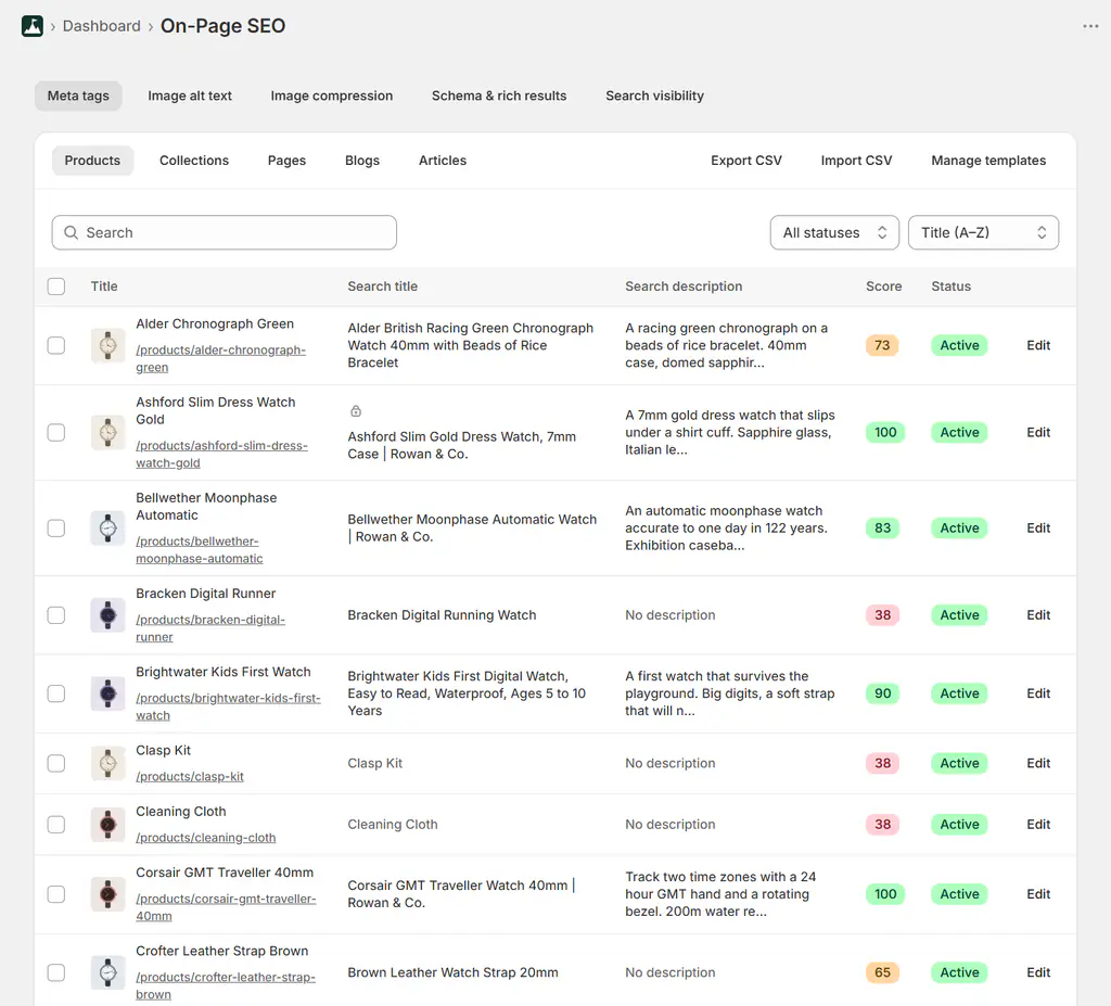 Bulk meta tag editor showing every Shopify product's search title, description and SEO score