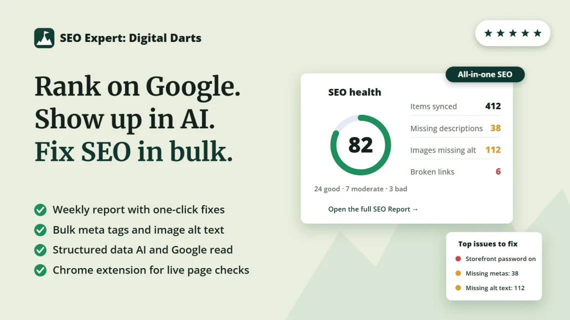 SEO Expert: Digital Darts Shopify app — rank on Google, show up in AI, fix SEO in bulk