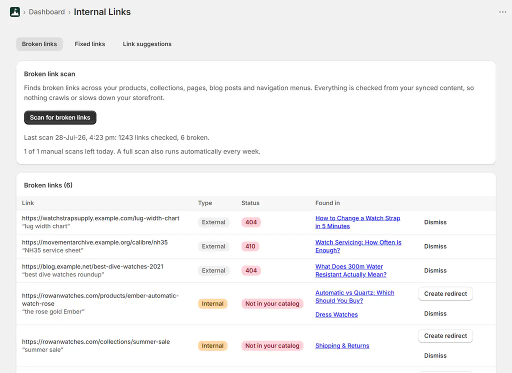 Broken link checker with 404 status and one-click create redirect in Shopify