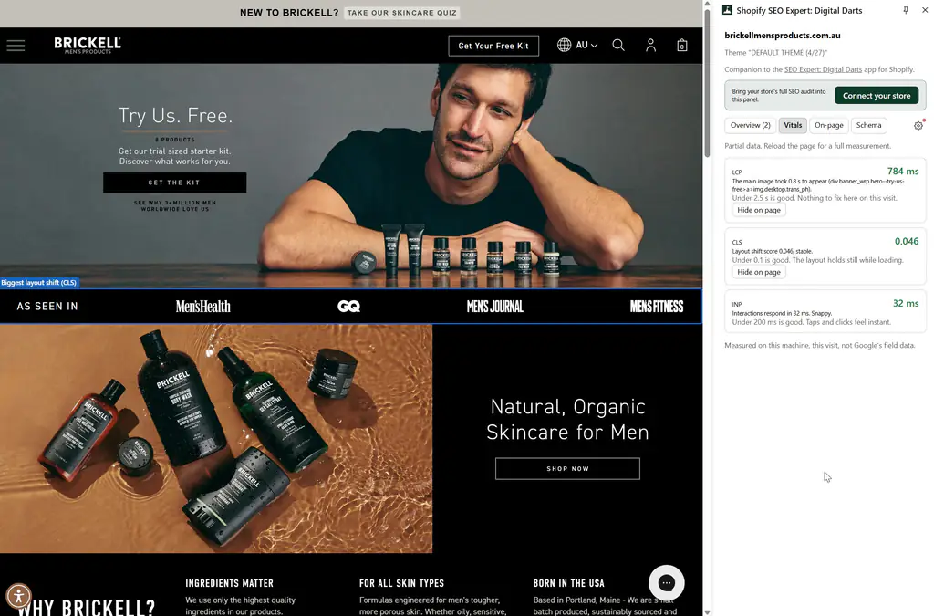 Chrome extension measuring Core Web Vitals on a Shopify page with the biggest layout shift outlined