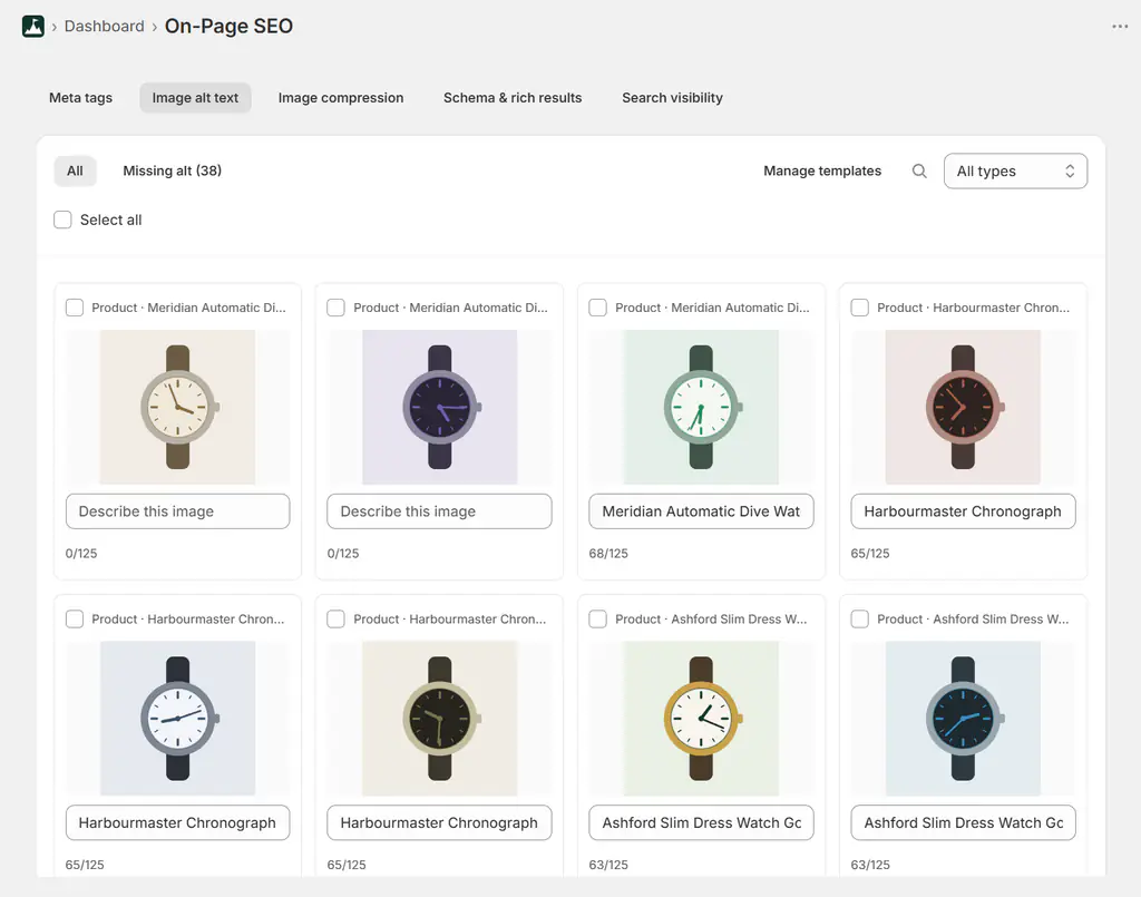 Image alt text editor grid with a missing-alt filter across Shopify product images