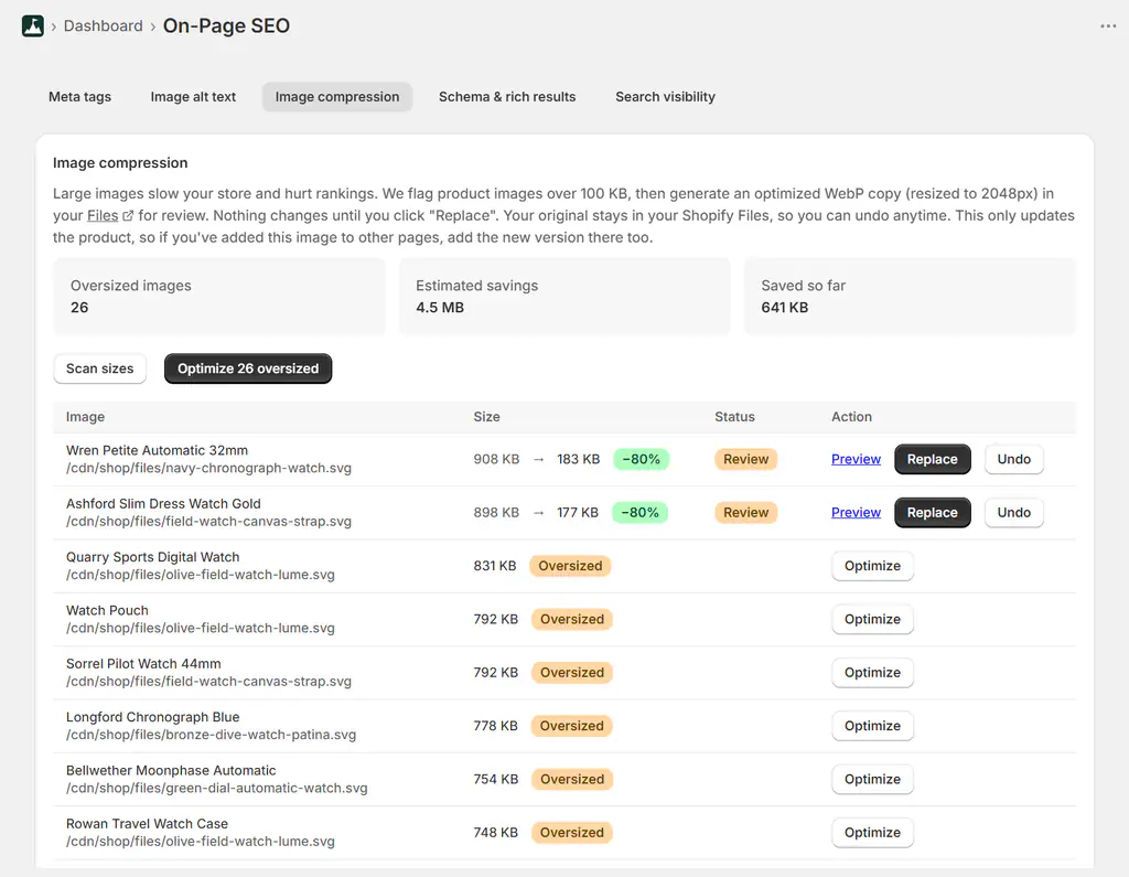 Shopify image compression report flagging oversized product images with review-before-replace
