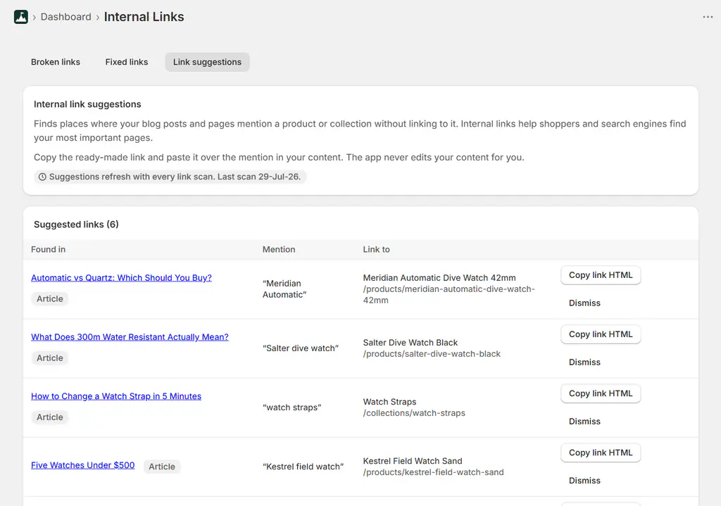 Internal link suggestions showing unlinked product mentions in Shopify blog posts
