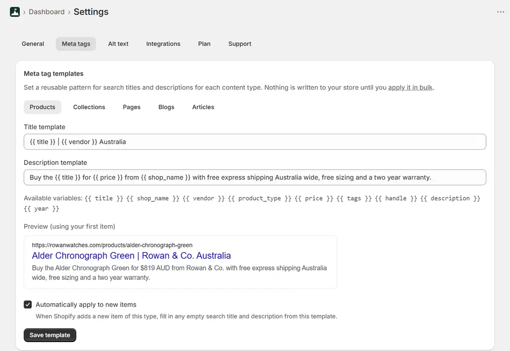 Shopify meta description template using title, price and shop name variables with a live preview