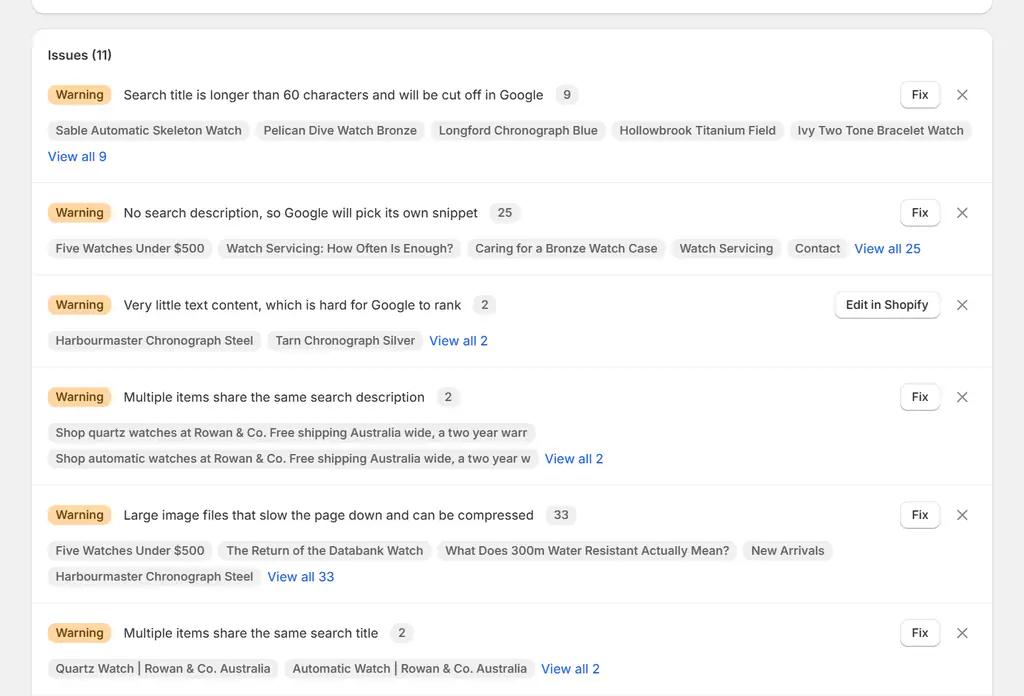 SEO report flagging Shopify title tags over 60 characters and 25 pages with no meta description