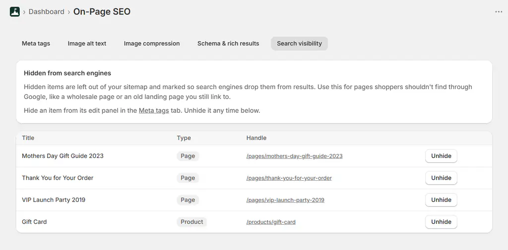 List of Shopify pages hidden from search engines with one-click unhide