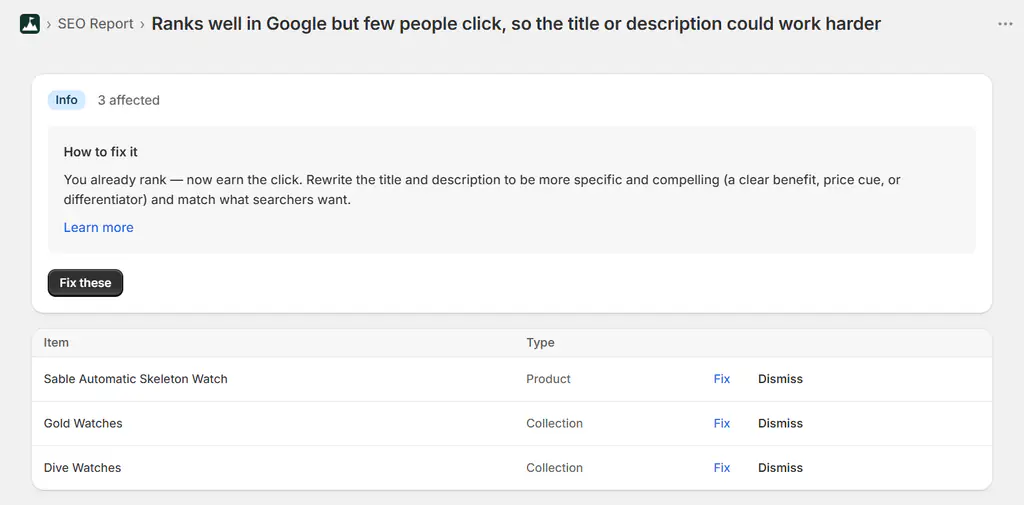 Shopify pages ranking on page one of Google with a click-through rate under 2 per cent