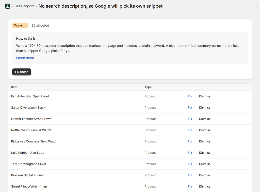List of Shopify product pages missing a meta description, with a fix link for each