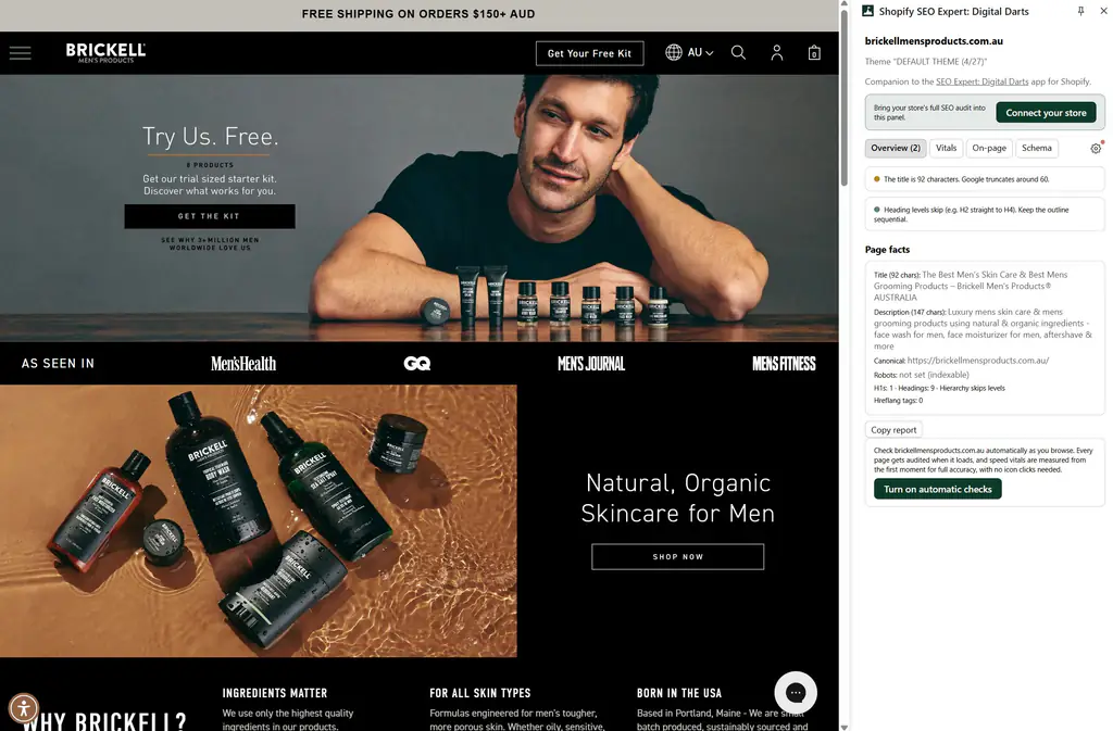 Chrome extension side panel running live SEO checks on a Shopify homepage