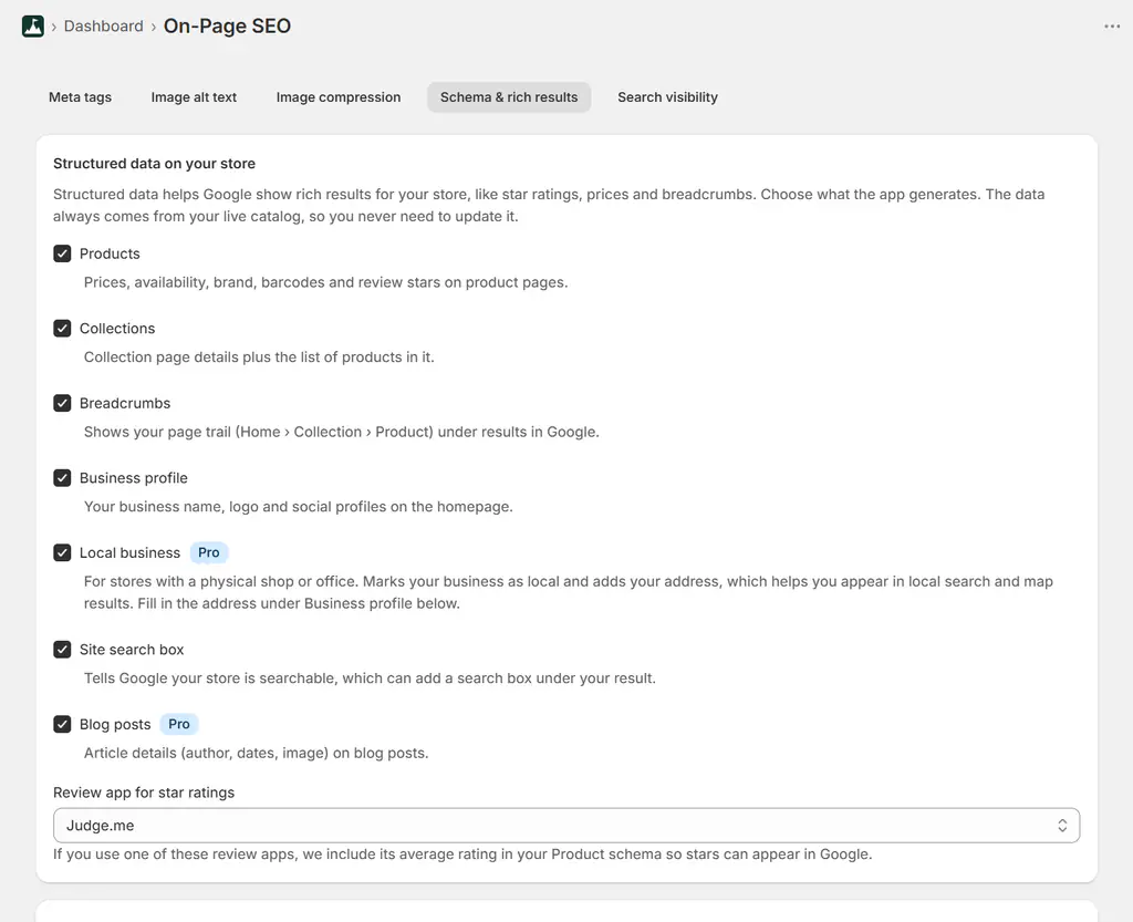 Structured data toggles for products, collections, breadcrumbs, business profile and review stars