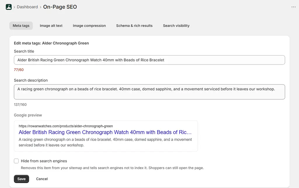 Shopify title tag at 77 of 60 characters with the Google preview cutting it off