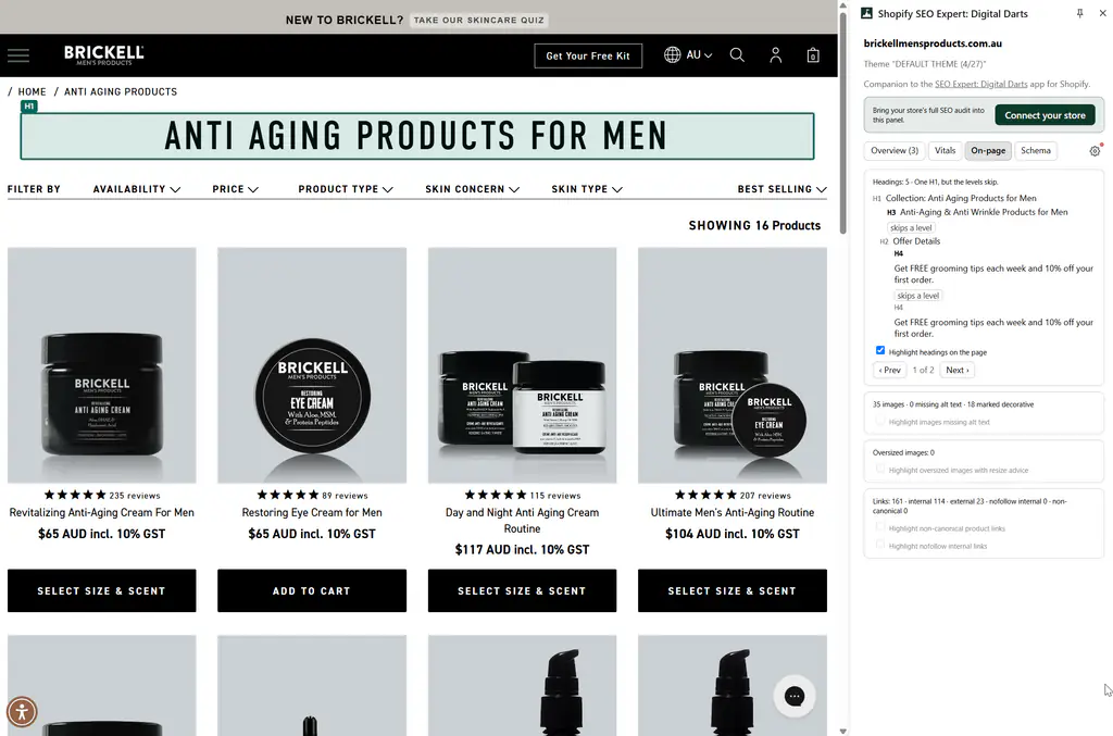 Chrome extension mapping a Shopify collection page's heading outline with the H1 highlighted and skipped levels flagged